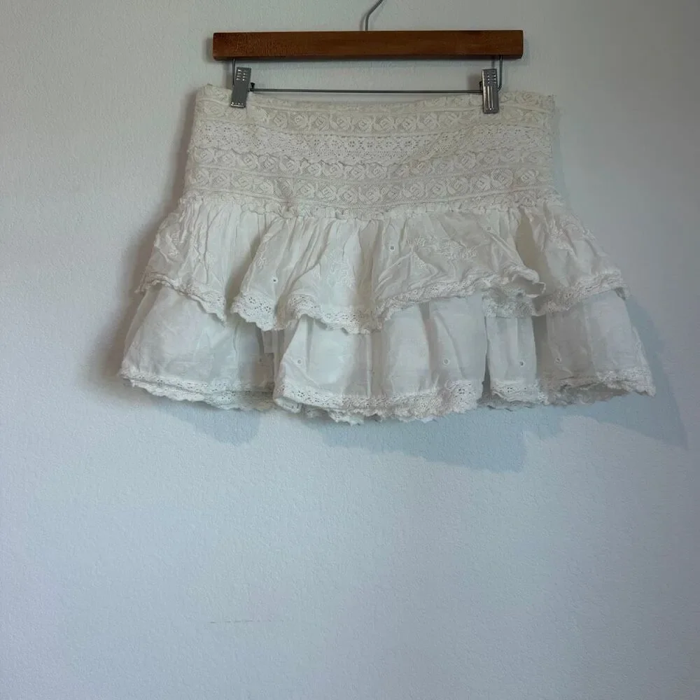 Free People White Eleanora Lace Eyelet Tiered Mini Skirt Women's Size Large